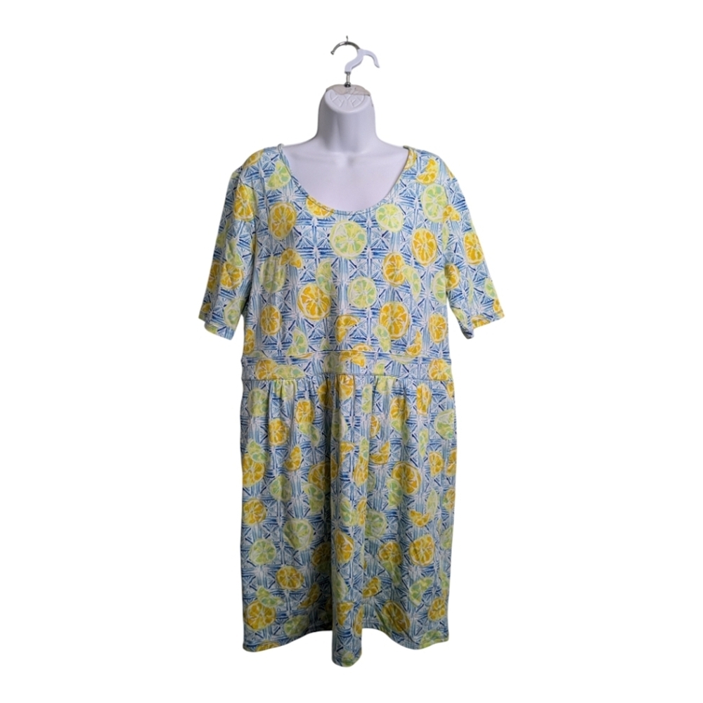 Land's End Orange Blue Lemon Limes Dress Short Sleeve Pockets Summer Tee Plus 18